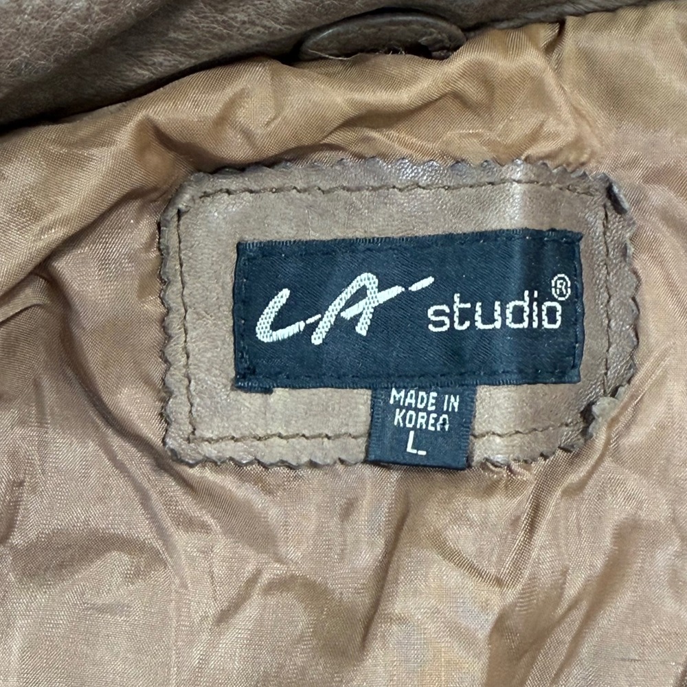 LA Studio Vintage Brown Leather Bomber Jacket Belted Mens Large Made in Korea - Picture 3 of 11